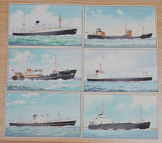 Harry Hudson Rodmell (1896-1984), six original gouaches on card for postcard designs, Merchant Shipping scenes to include MV Container Enterprise, MT Boston Arrow and MV Caxton, one signed, 12 x 20cm, unframed. Condition